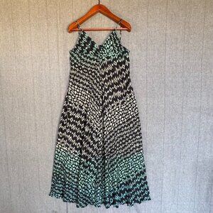 Vintage Y2k Gypsy 05 100% Silk Black Green Tribal Print Maxi Sun Dress Size S